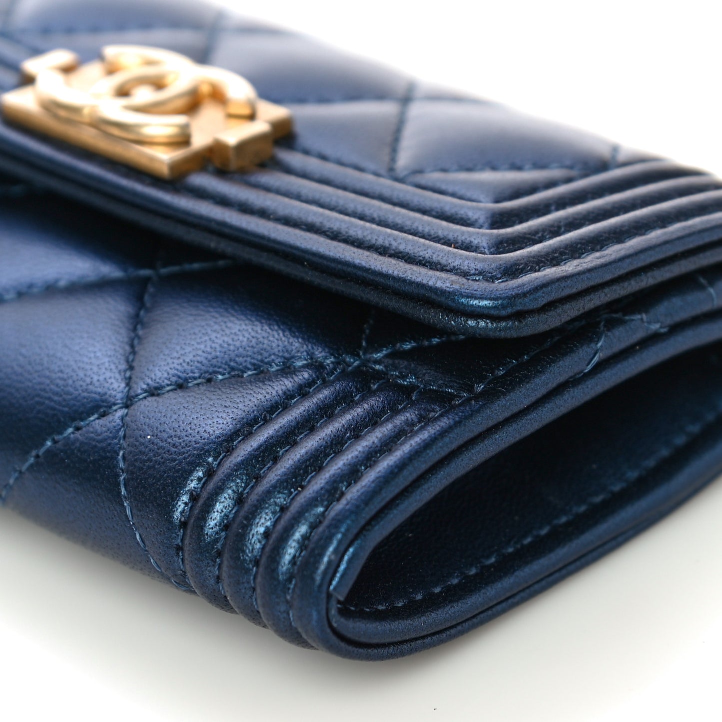 Metallic Lambskin Quilted Boy Flap Card Holder Blue