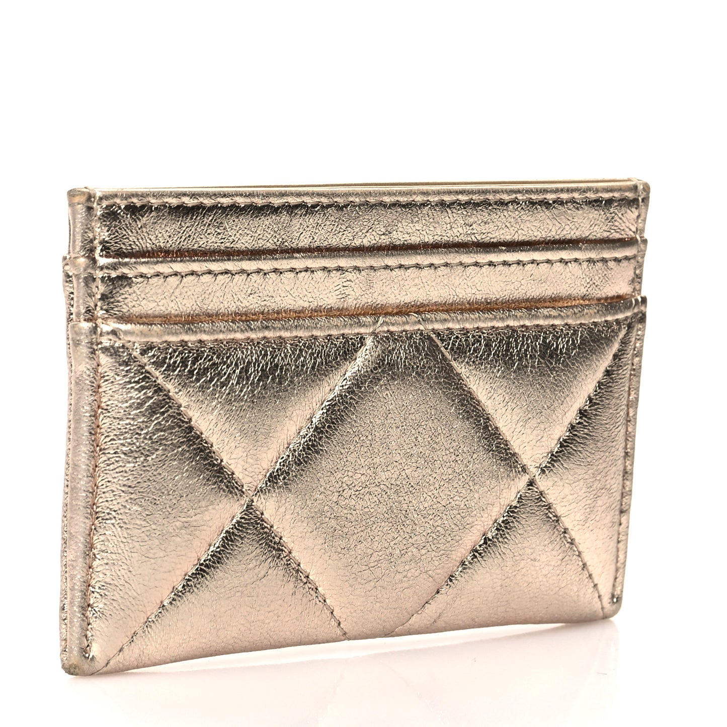 Metallic Lambskin Quilted Chanel 19 Card Holder Gold