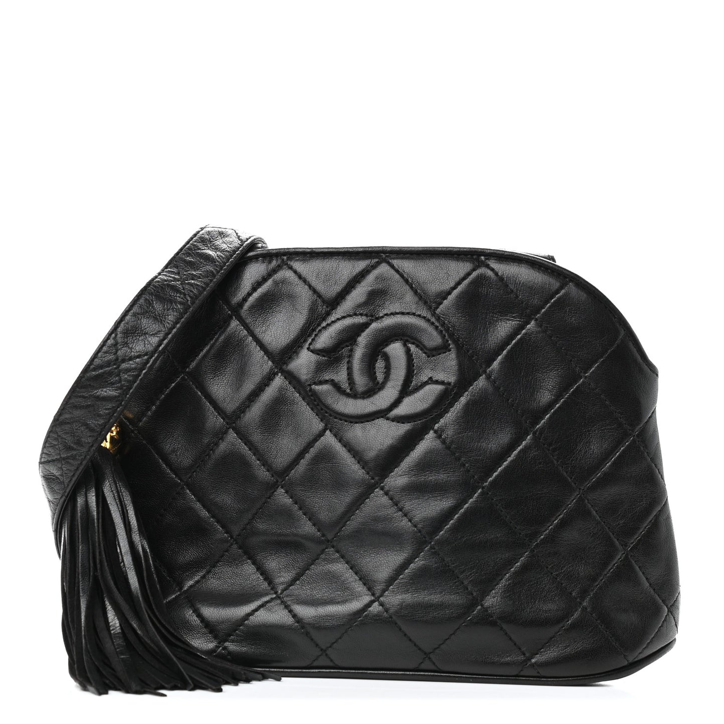 Lambskin Quilted Tassel Camera Case Black