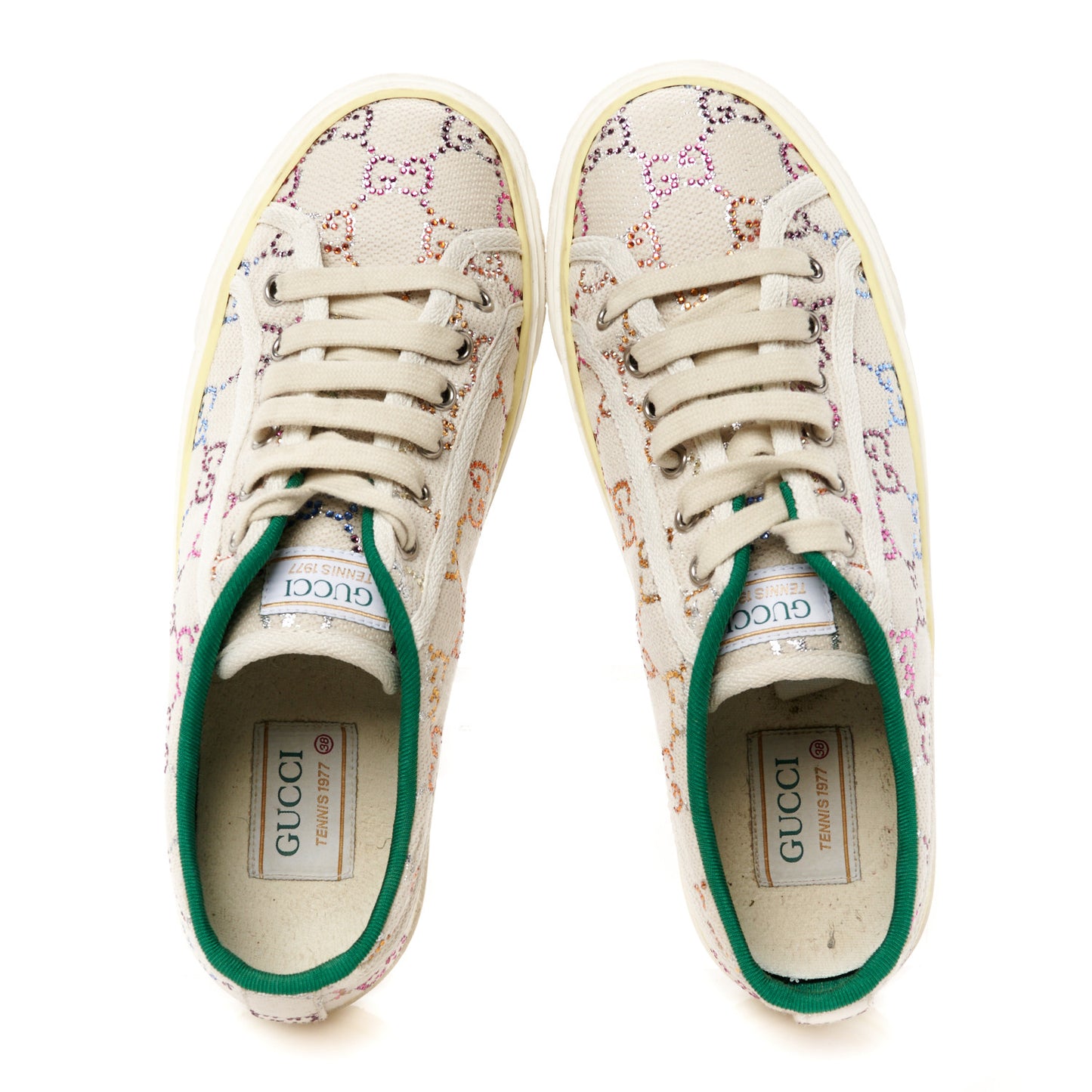 Canvas Lame Crystal GG Monogram Womens 1977 Tennis Sneakers 38 Gardenia Silver Mystic White