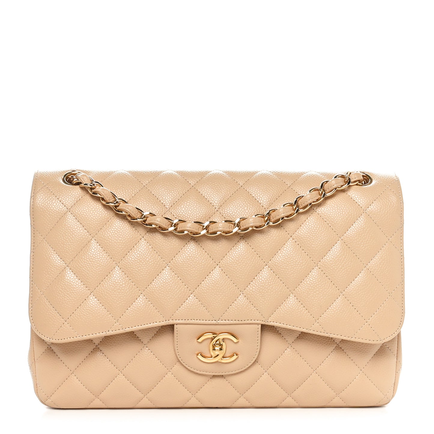 Caviar Quilted Jumbo Double Flap Beige