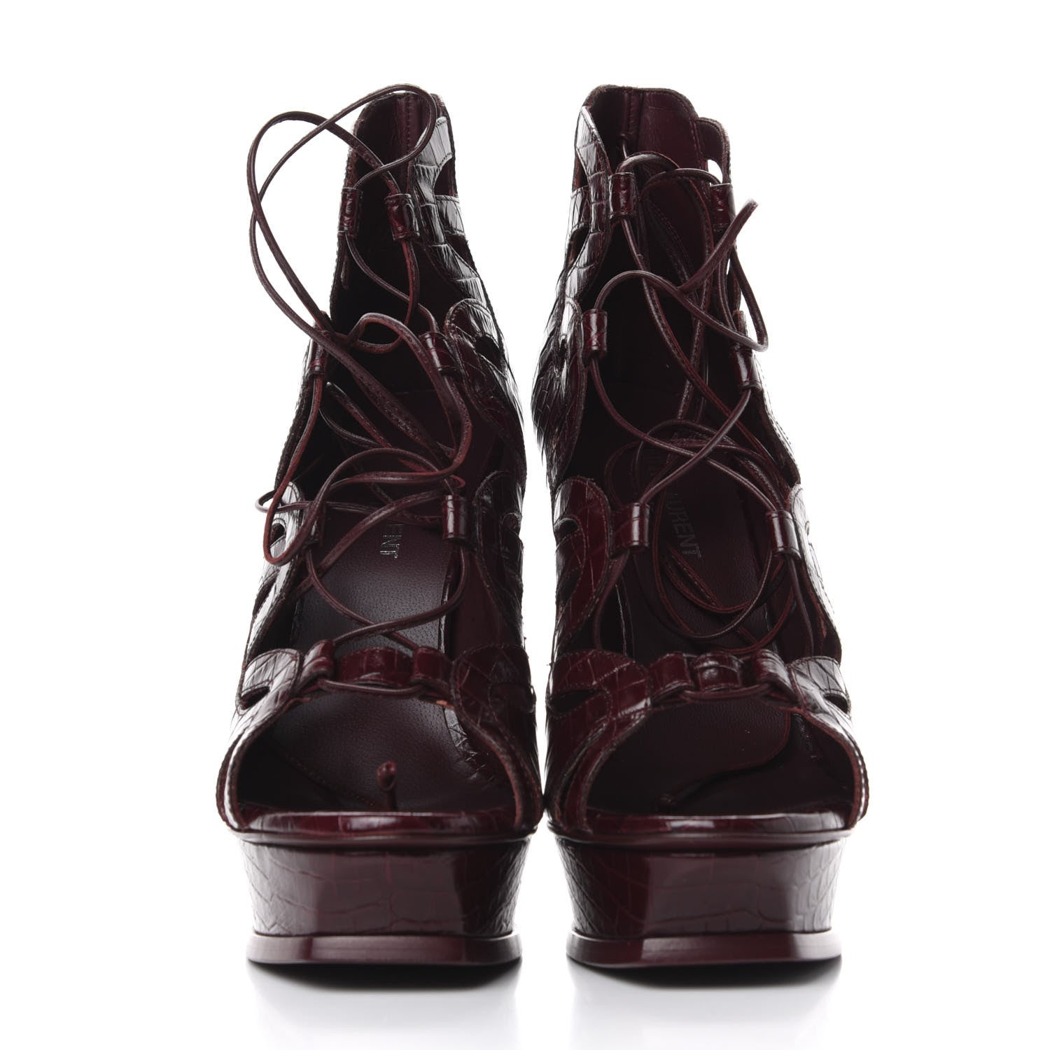 Saint Laurent Calfskin Crocodile Embossed Tribute 16 Lace Up Platform Sandals 38 Rouge Legion 3 of 11