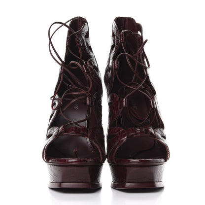 Saint Laurent Calfskin Crocodile Embossed Tribute 16 Lace Up Platform Sandals 38 Rouge Legion 3 of 11
