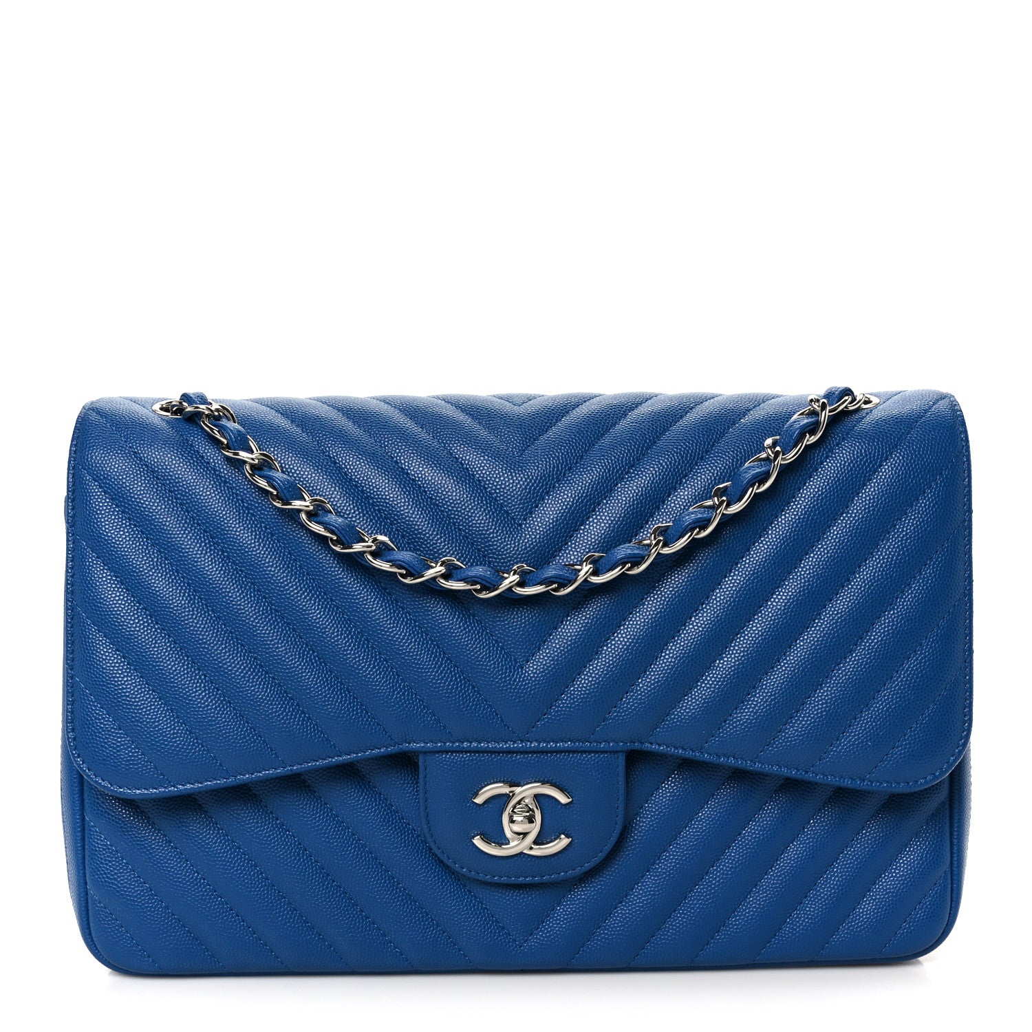 Chanel Caviar Chevron Quilted Jumbo Double Flap Blue 1 of 11