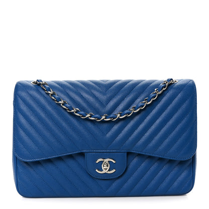 Chanel Caviar Chevron Quilted Jumbo Double Flap Blue 1 of 11
