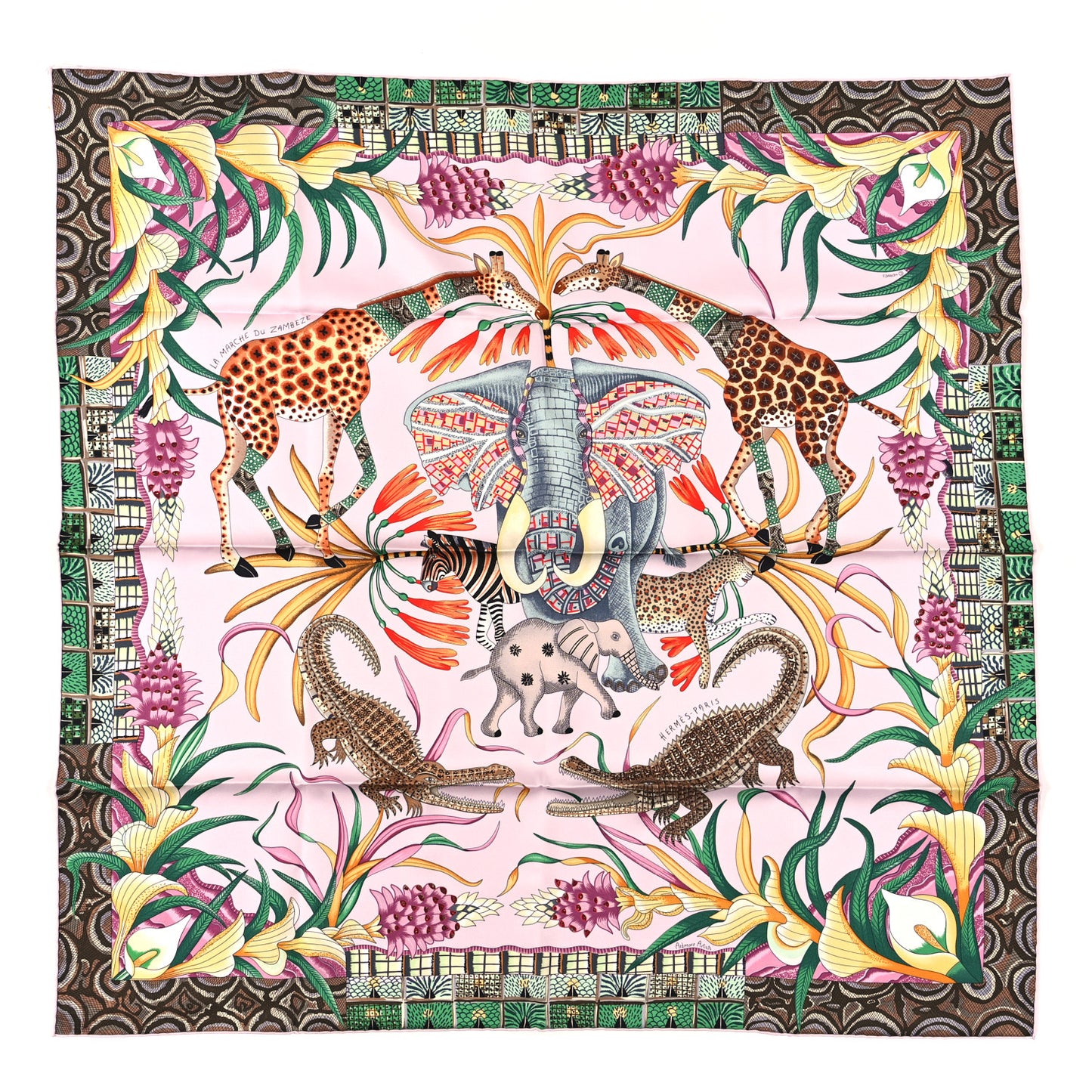 Silk La Marche Du Zambeze Scarf 90 Rose Pale Vert Jaune
