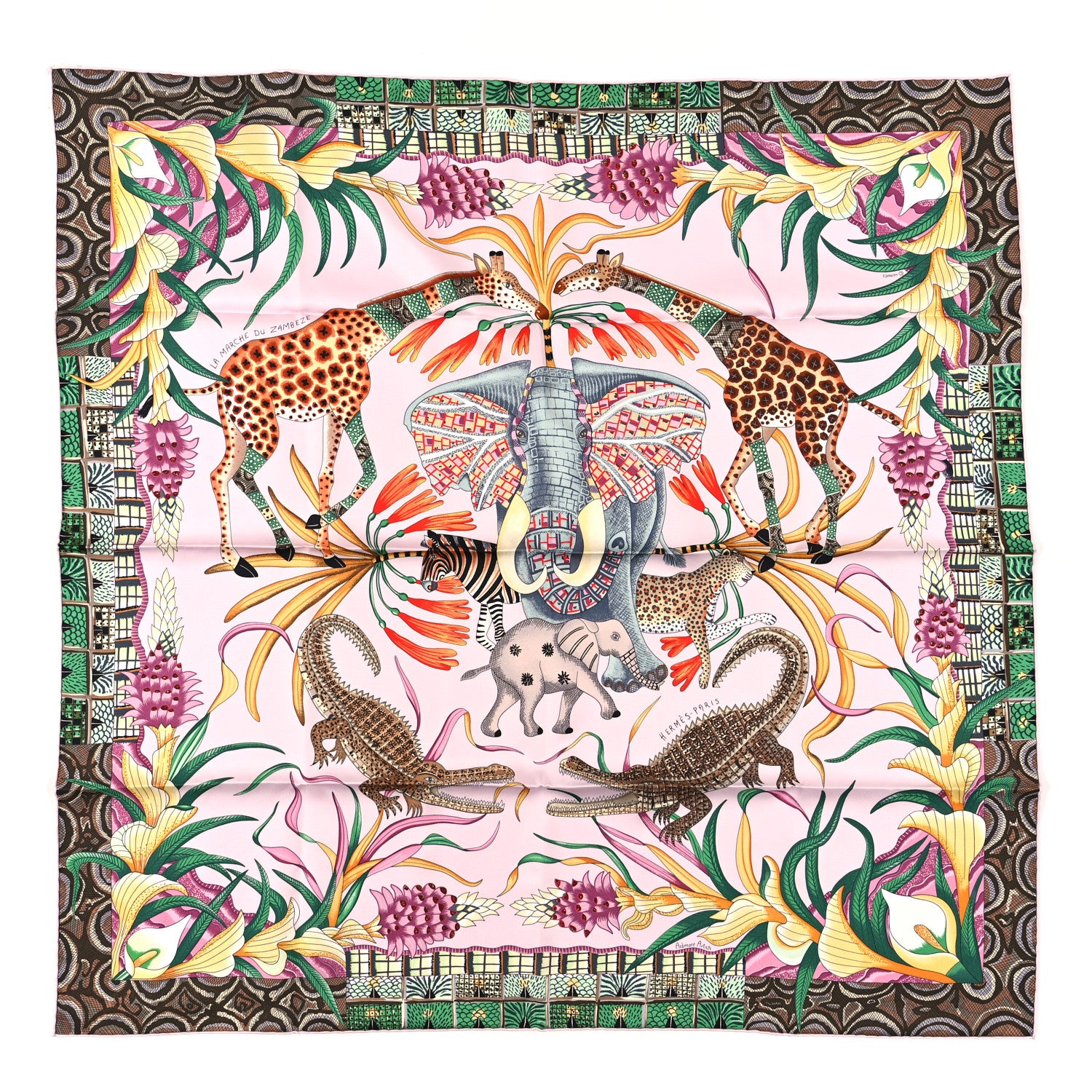 Hermes Silk La Marche Du Zambeze Scarf 90 Rose Pale Vert Jaune 1 of 3
