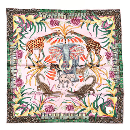 Hermes Silk La Marche Du Zambeze Scarf 90 Rose Pale Vert Jaune 1 of 3