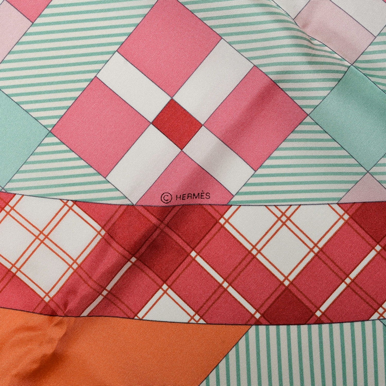 Hermes Silk Ex-Libris A Carreaux Shawl 140 Vert D Eau Framboise Soleil 7 of 7