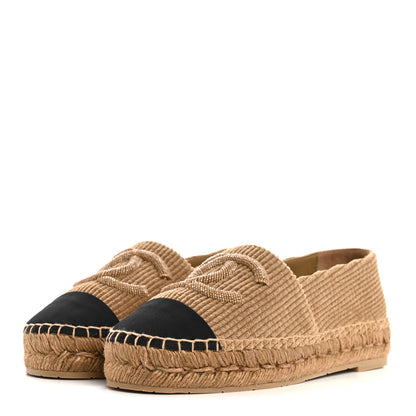 Chanel Corduroy Grosgrain Cap Toe CC Espadrille Flats 38 Dark Beige Black 4 of 10