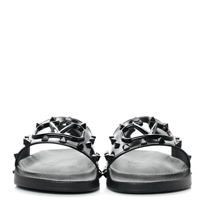 Valentino Garavani Patent Rubber Mens Rockstud VLogo Slide Sandals 41 Black 2 of 7