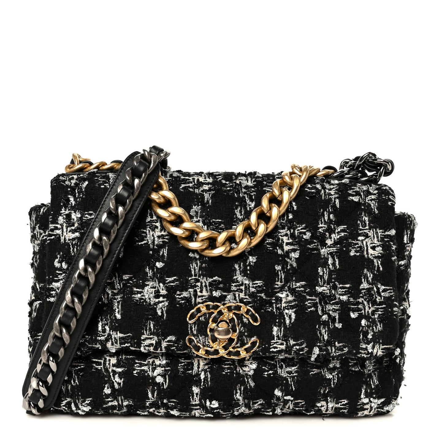 Tweed Quilted Medium Chanel 19 Flap Black Silver Ecru