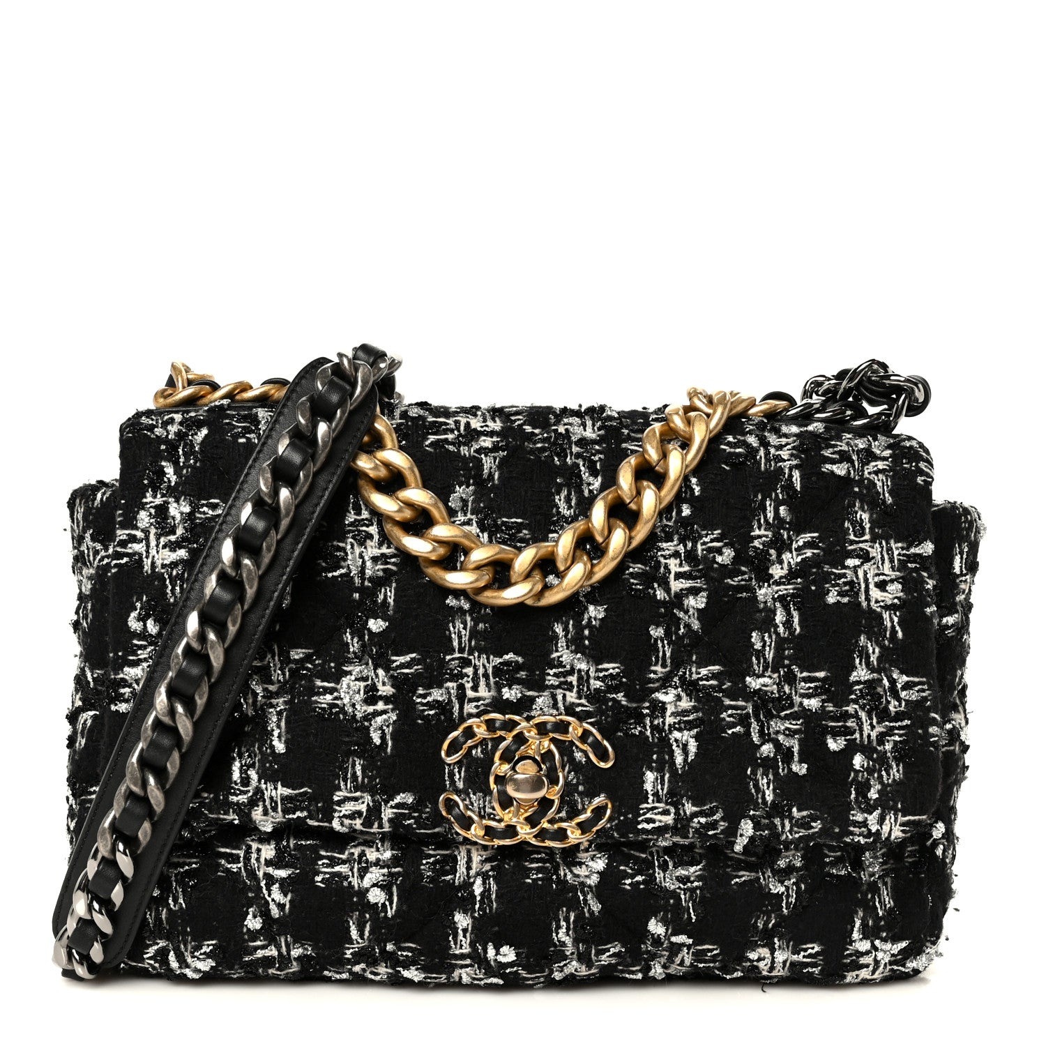 Chanel Tweed Quilted Medium Chanel 19 Flap Black Silver Ecru 1 of 10