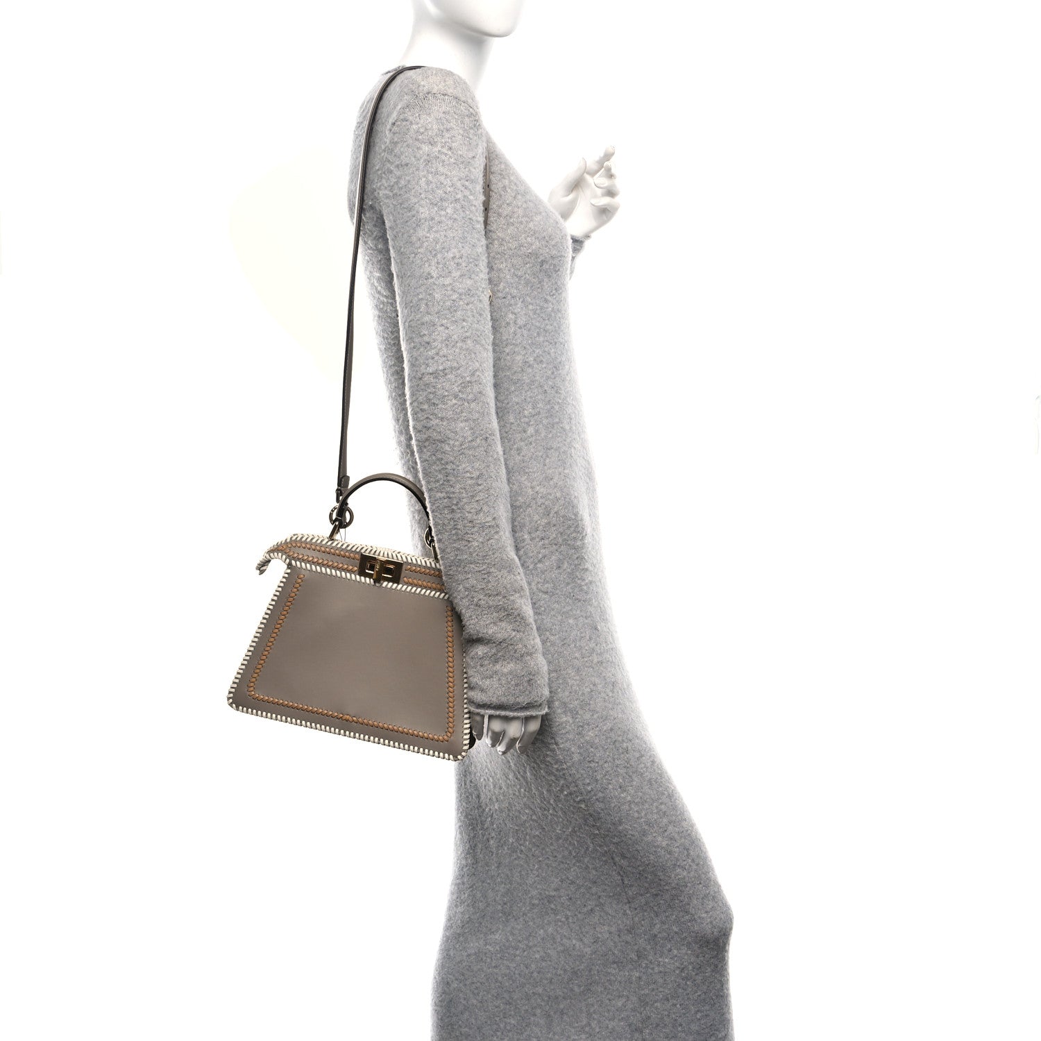 Fendi Vitello Grace Shiny Nappa Helix Woven Small Peekaboo I SEE U Satchel Tortora Miele Scuro White Rice 2 of 9