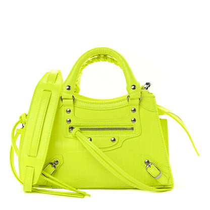 Balenciaga Semi Shiny Calfskin Crocodile Embossed Neo Classic Silver Hardware Mini City Fluo Yellow 1 of 8