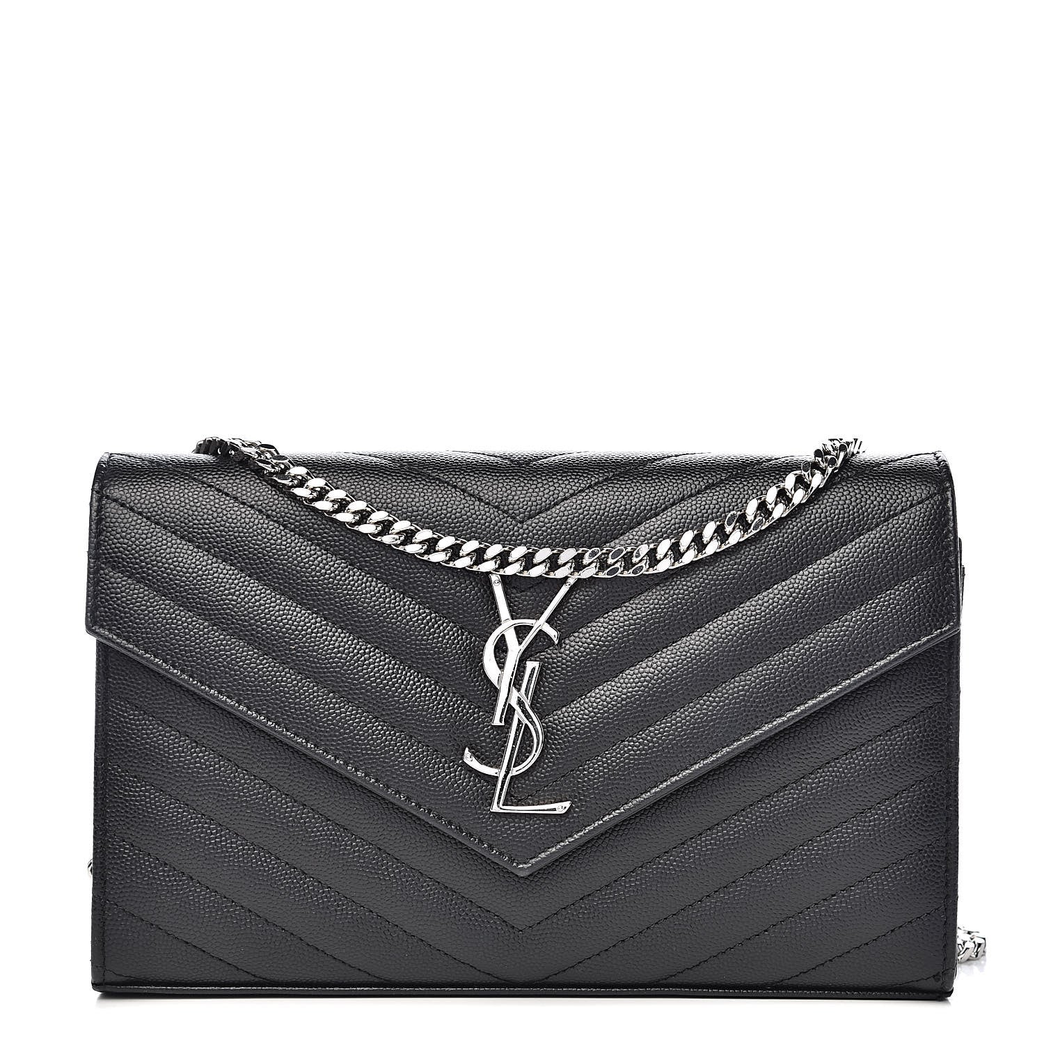 Saint Laurent Grain De Poudre Matelasse Chevron Monogram Chain Wallet Black 1 of 11