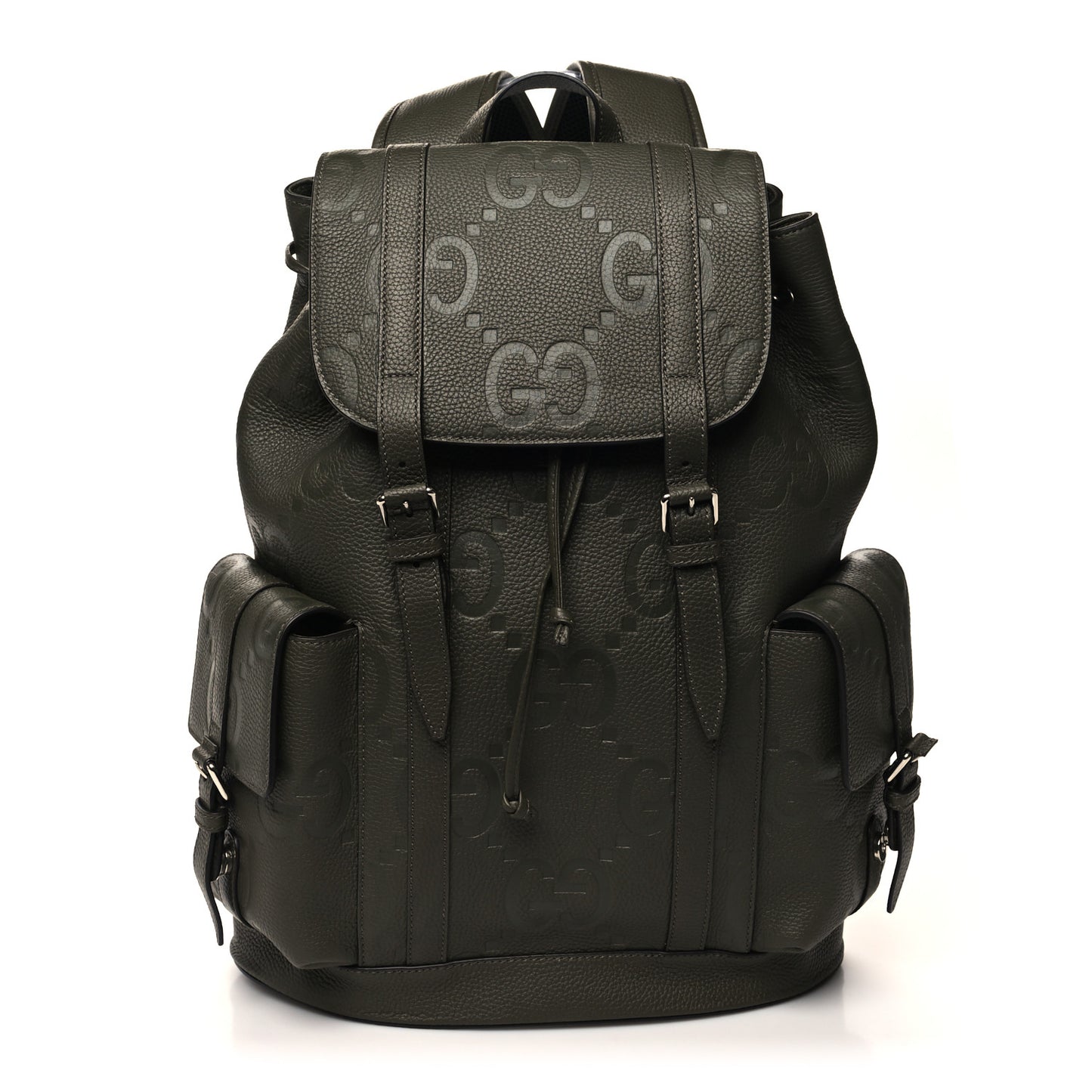 Piuma Calfskin Jumbo GG Embossed Double Buckle Backpack Vintage Olive