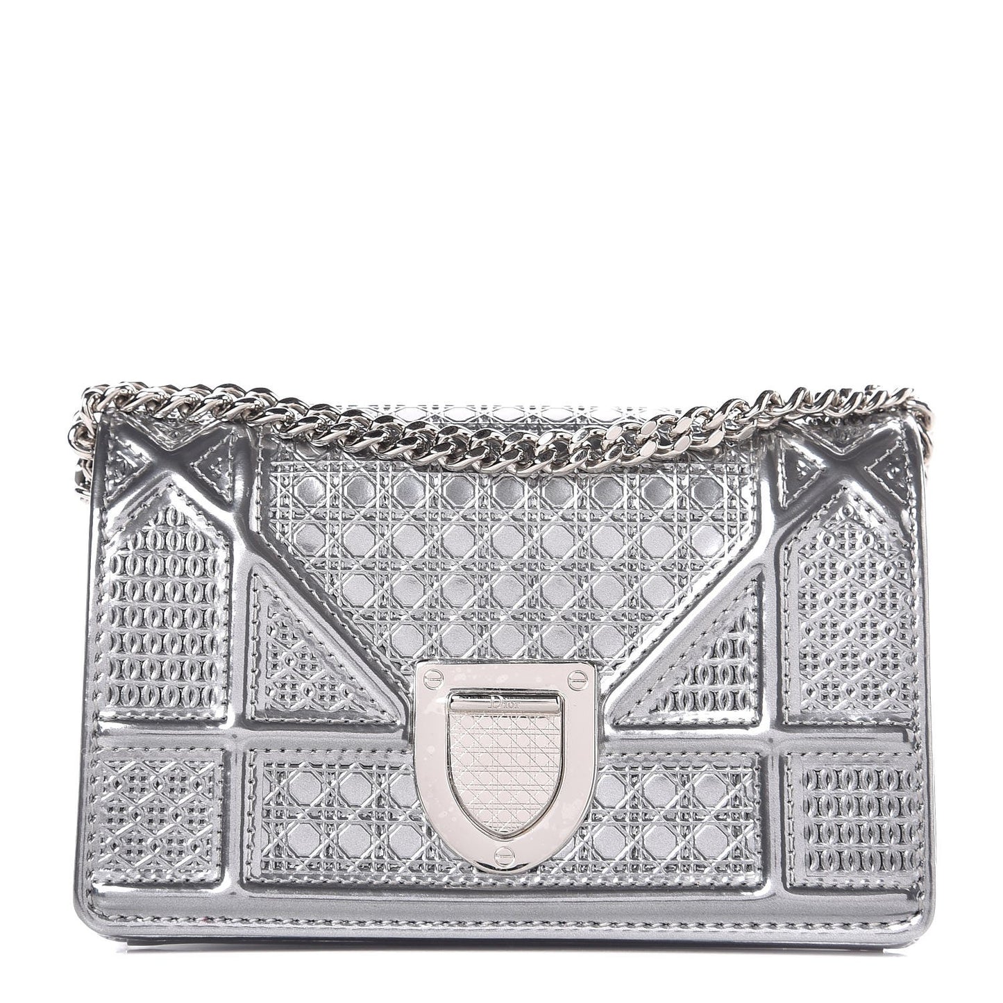 Metallic Patent Micro-Cannage Baby Diorama Flap Bag Silver