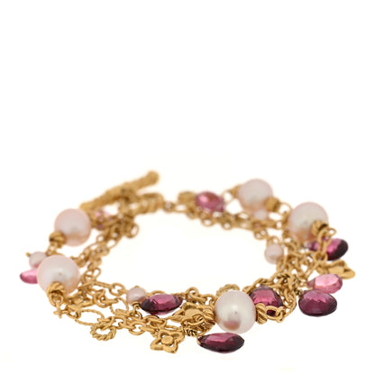 David Yurman 18K Yellow Gold Cultured Pearl Pink Tourmaline Rhodolite 3 Strand Bracelet 1 of 3