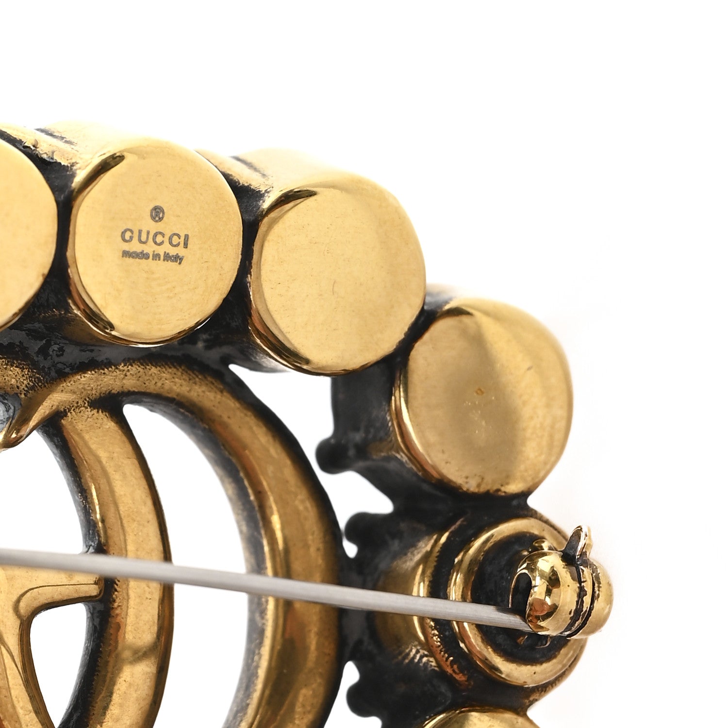 Gucci Metal Crystal Double G Brooch Aged Gold 3 of 3