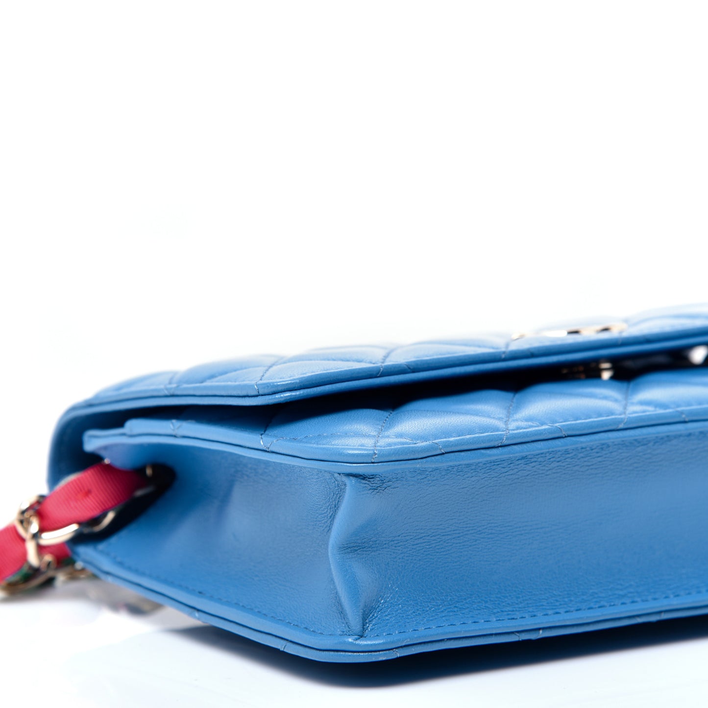 Shiny Lambskin Quilted Ribbon Wallet On Chain WOC Blue
