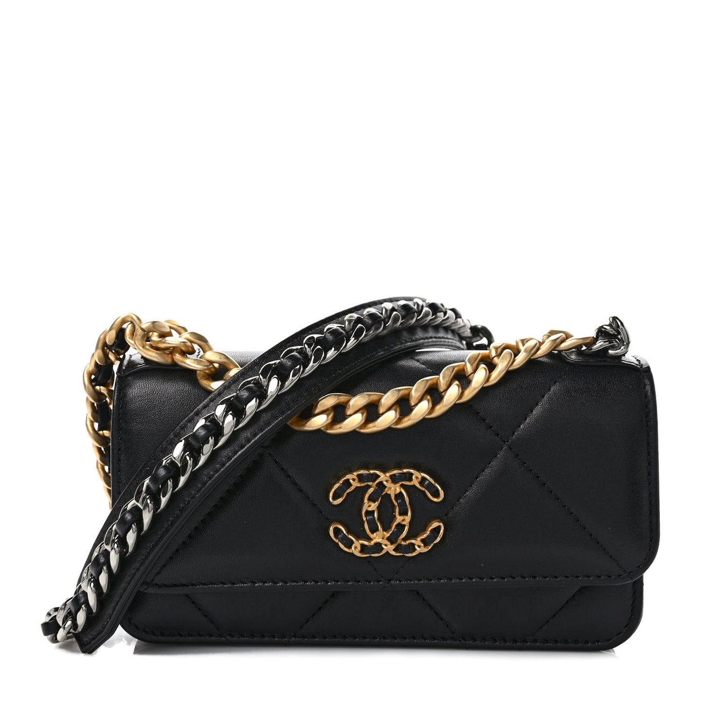Lambskin Quilted Chanel 19 Flap Phone Holder With Chain Black