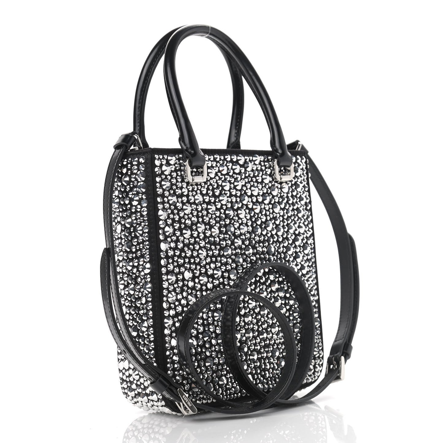 Satin Crystal Metal Triangle Logo Small Double Handle Crossbody Tote Metal