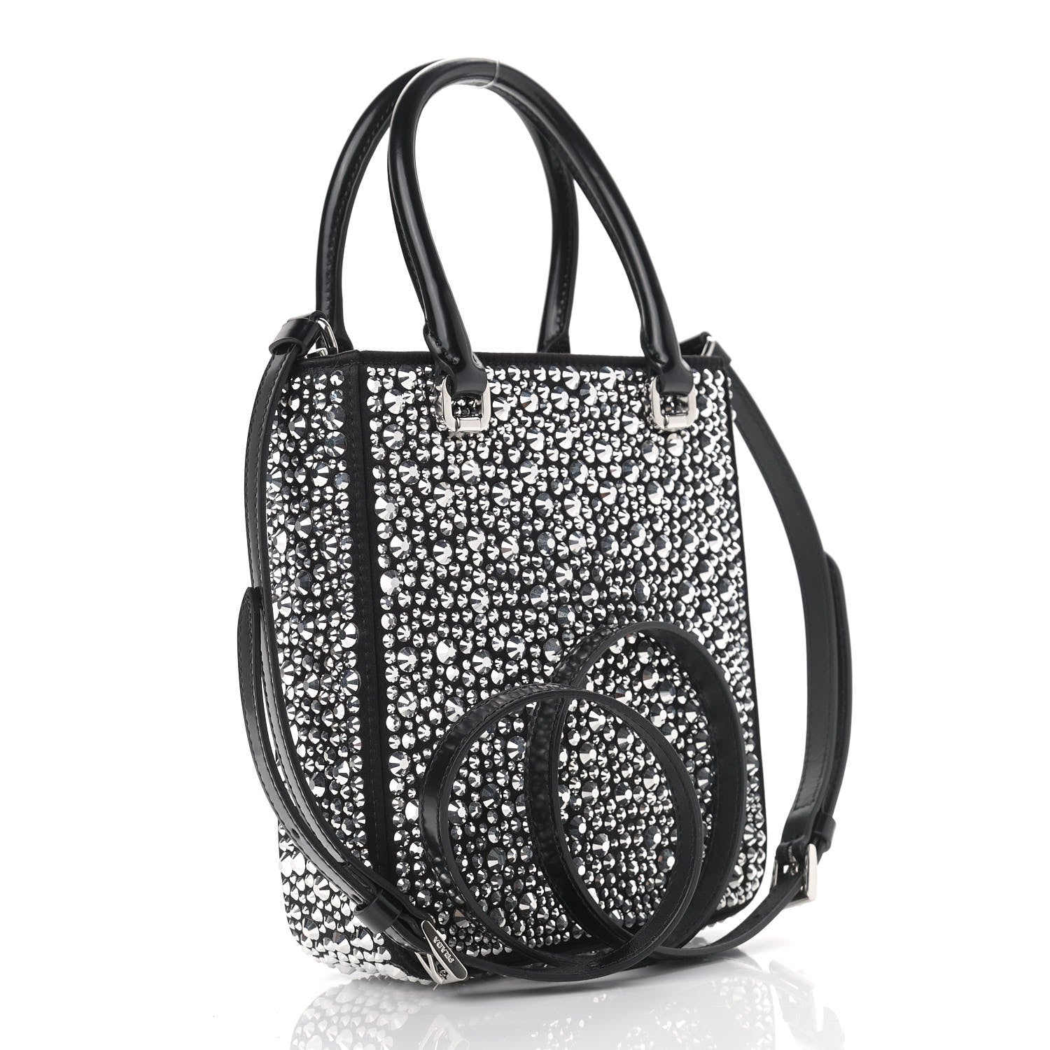 Prada Satin Crystal Metal Triangle Logo Small Double Handle Crossbody Tote Metal 3 of 8