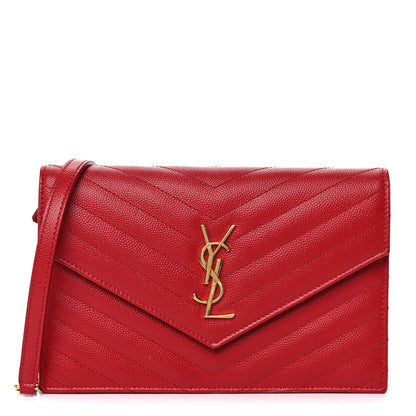 Saint Laurent Grain De Poudre Matelasse Chevron Monogram Envelope Chain Wallet New Red 1 of 16