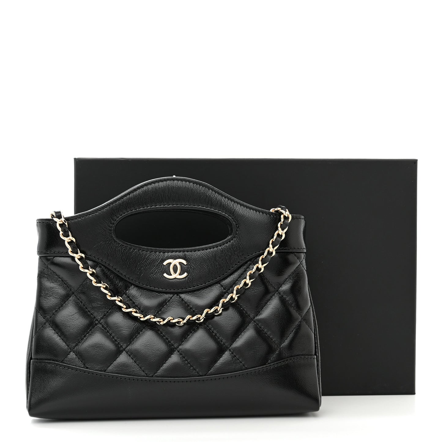 Shiny Crumpled Calfskin Quilted Nano 31 Shopping Bag Black