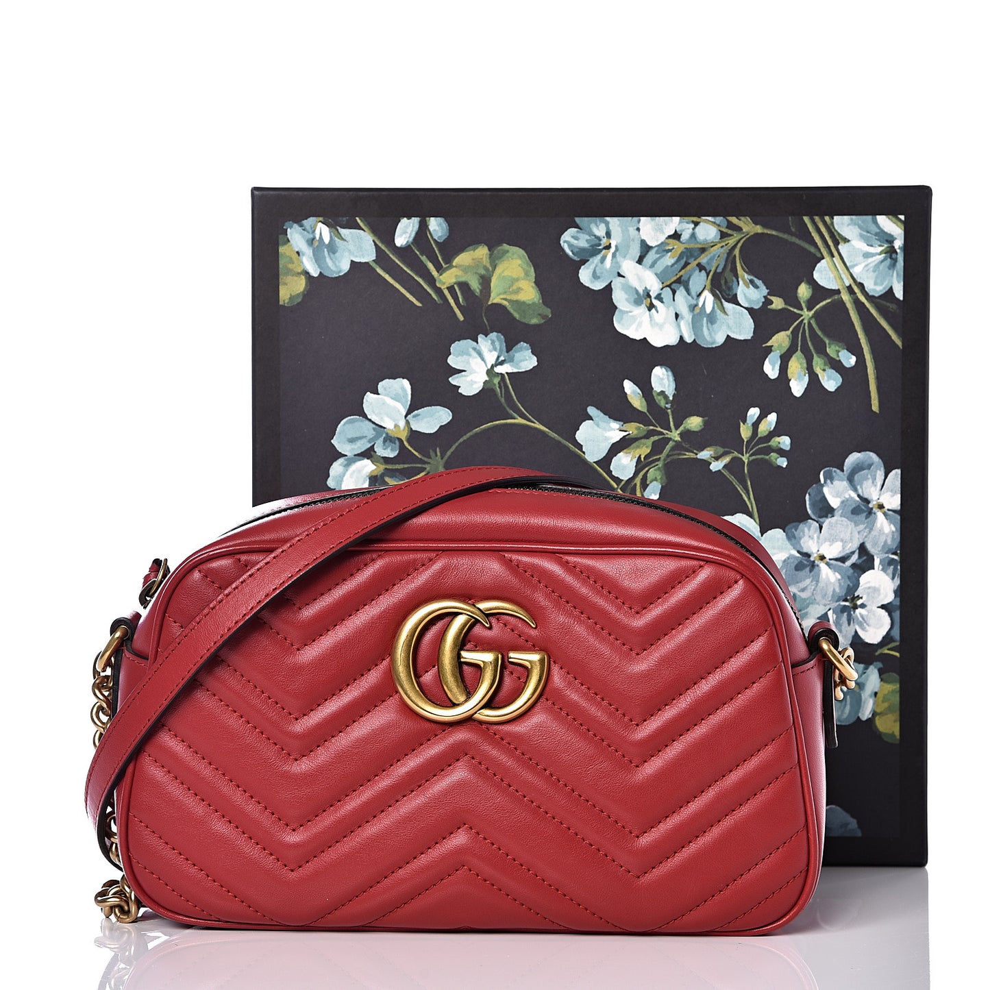 Calfskin Matelasse Small GG Marmont Chain Shoulder Bag Hibiscus Red