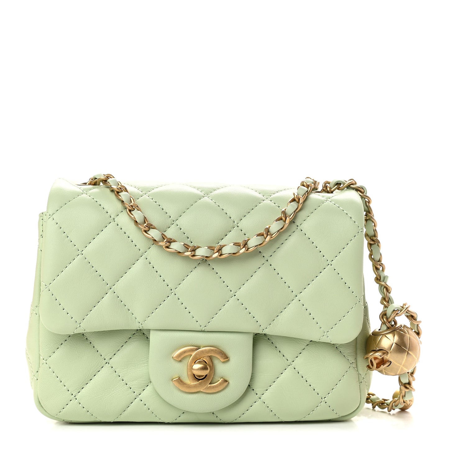 Lambskin Quilted Mini Pearl Crush Flap Light Green