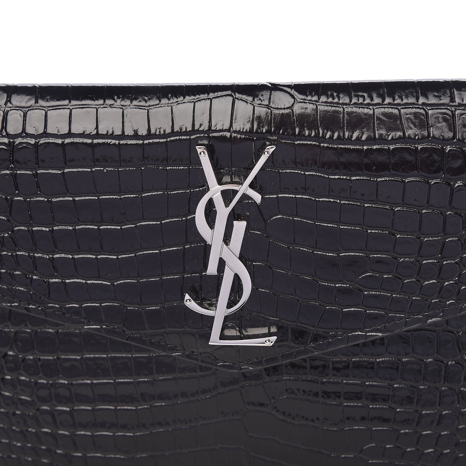 Saint Laurent Calfskin Crocodile Embossed Uptown Monogram Clutch Black 5 of 8