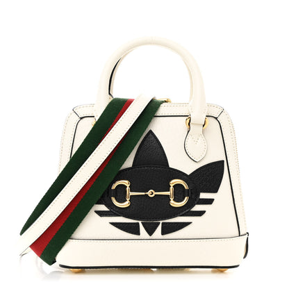 Gucci X ADIDAS Textured Dollar Calfskin Web Trefoil Mini Horsebit 1955 Top Handle Bag Off White Black 1 of 10