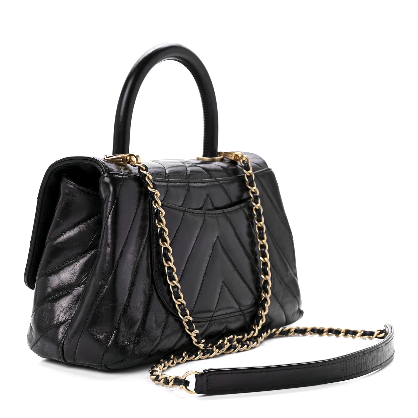 Aged Calfskin Chevron Quilted Mini Coco Handle Flap Black