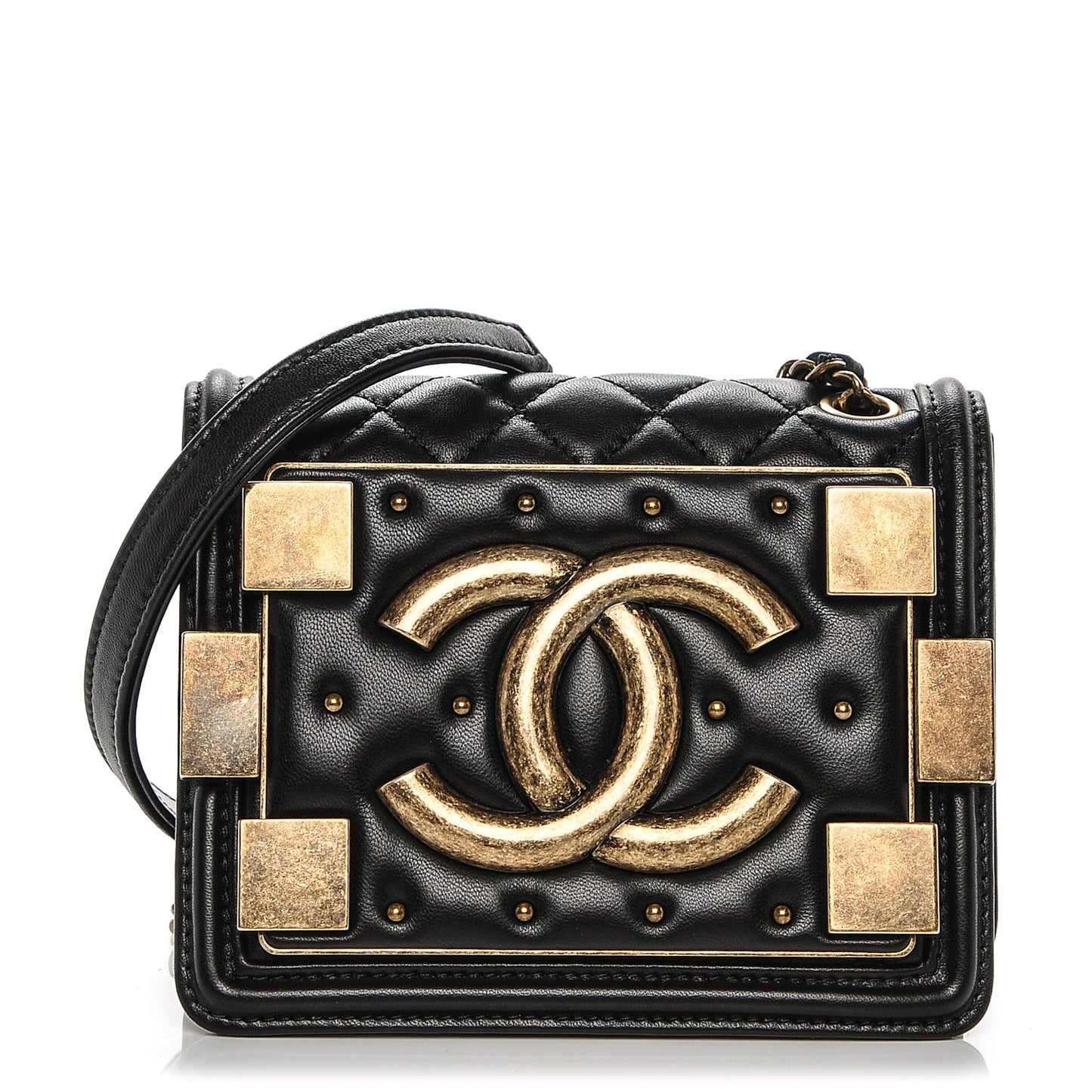Lambskin Quilted Boy Brick Studded Flap Black