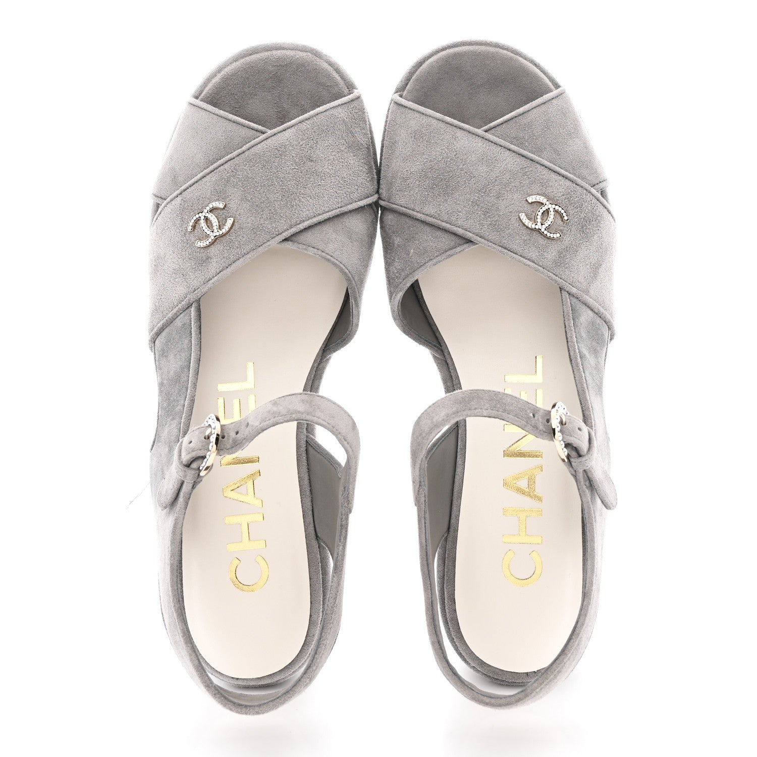 Chanel Suede Calfskin Peep Toe Wedge Sandals 40.5 Grey 2 of 9