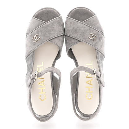 Chanel Suede Calfskin Peep Toe Wedge Sandals 40.5 Grey 2 of 9