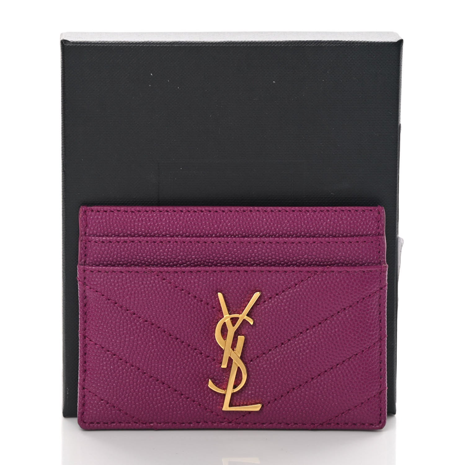 Saint Laurent Grain De Poudre Matelasse Chevron Monogram Credit Card Case Dark Grape 8 of 8