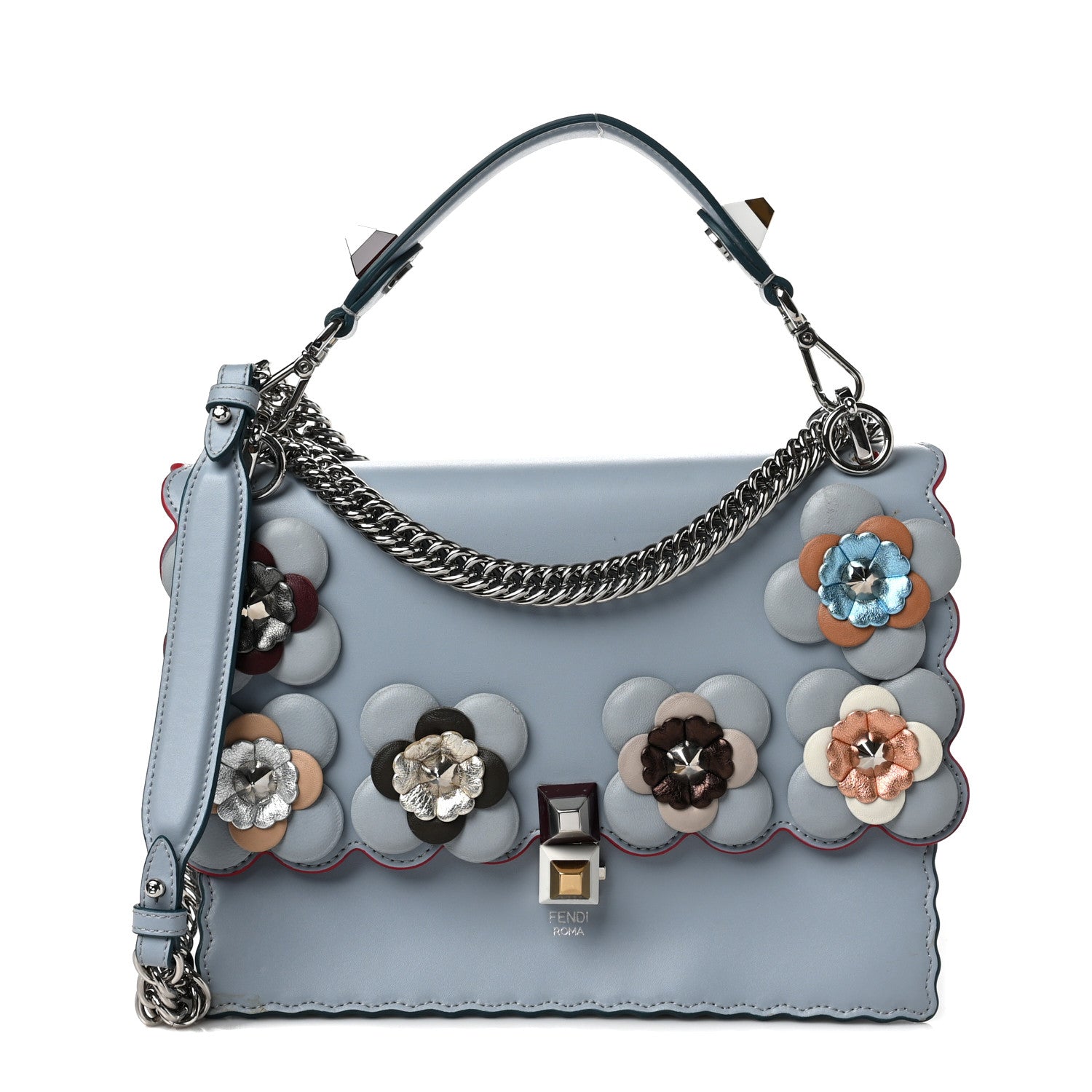 Fendi Vitello Liberty Lucido Flowerland Scalloped Studded Kan I Shoulder Bag Azzurro Polvere Multicolor 1 of 9