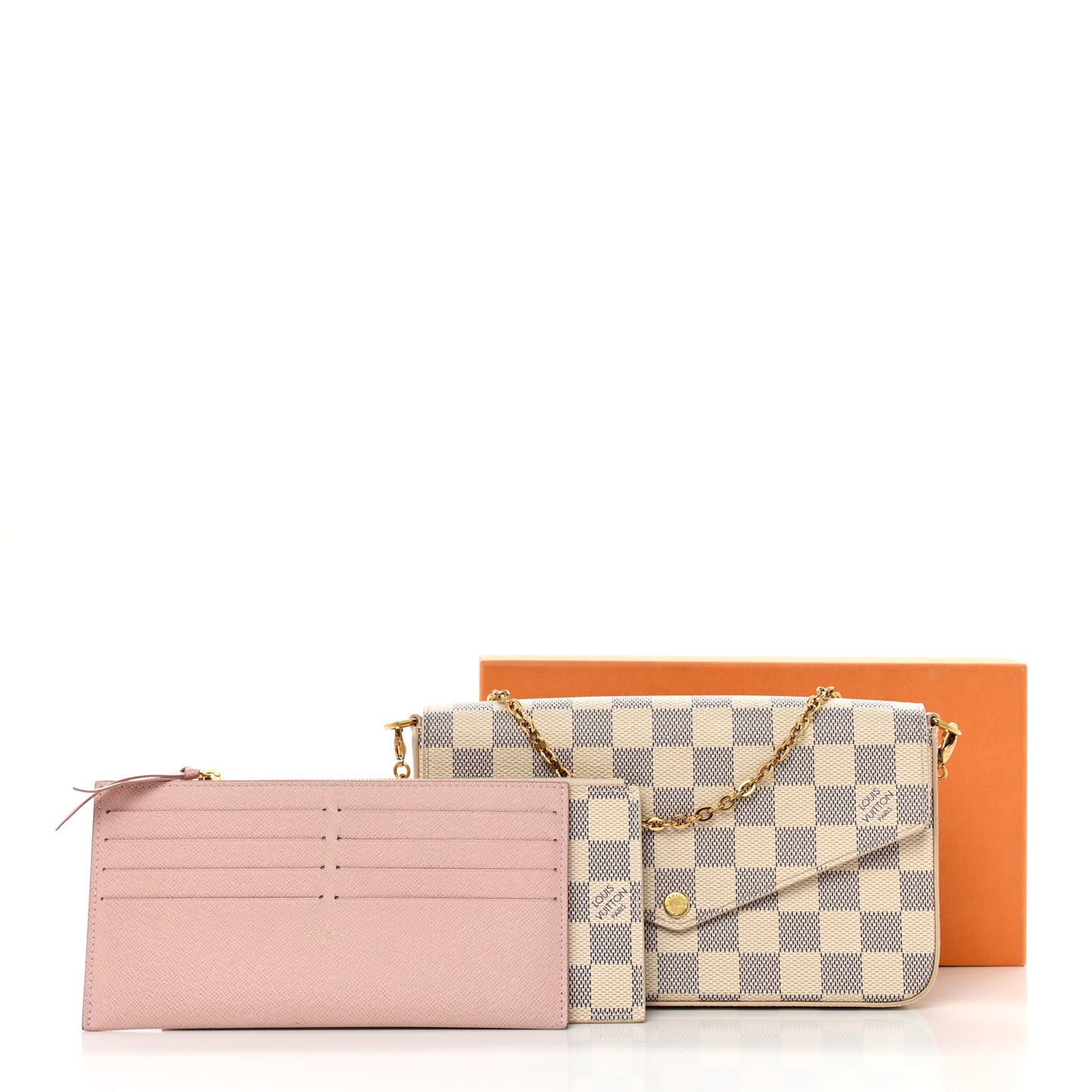 Damier Azur Pochette Felicie Chain Wallet Rose Ballerine