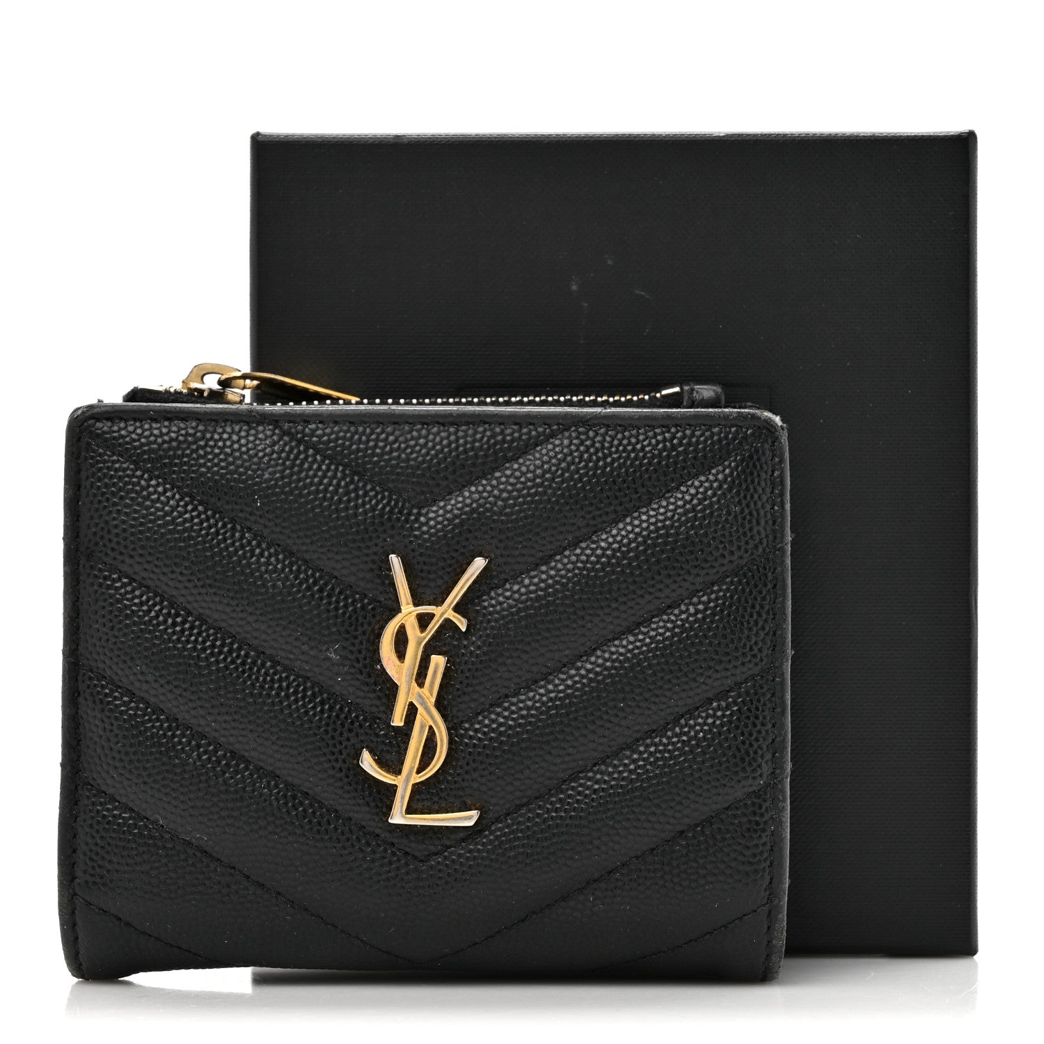 Saint Laurent Grain De Poudre Matelasse Chevron Monogram Zipped Two-Part Wallet Black 15 of 15