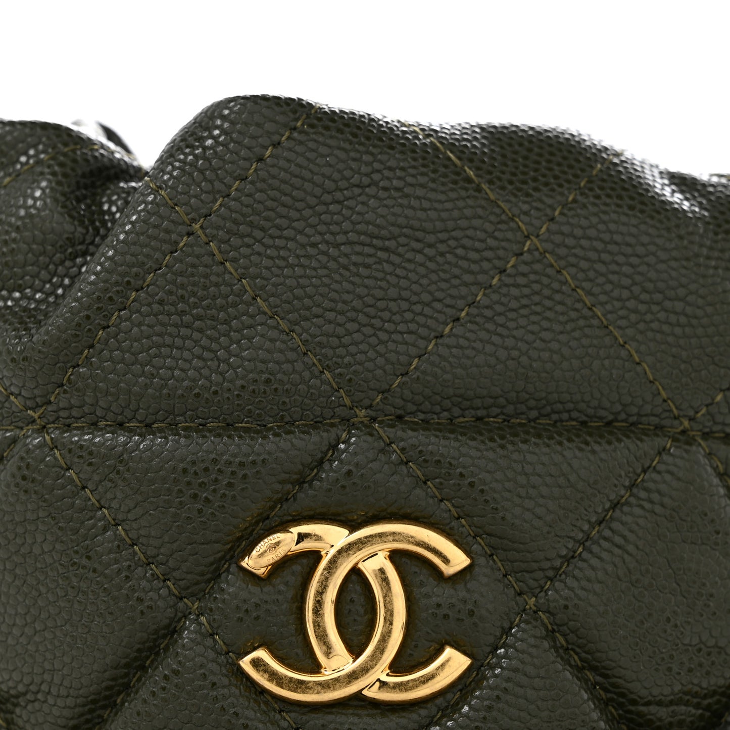 Caviar Quilted Coco First Bucket Clutch With Chain Khaki