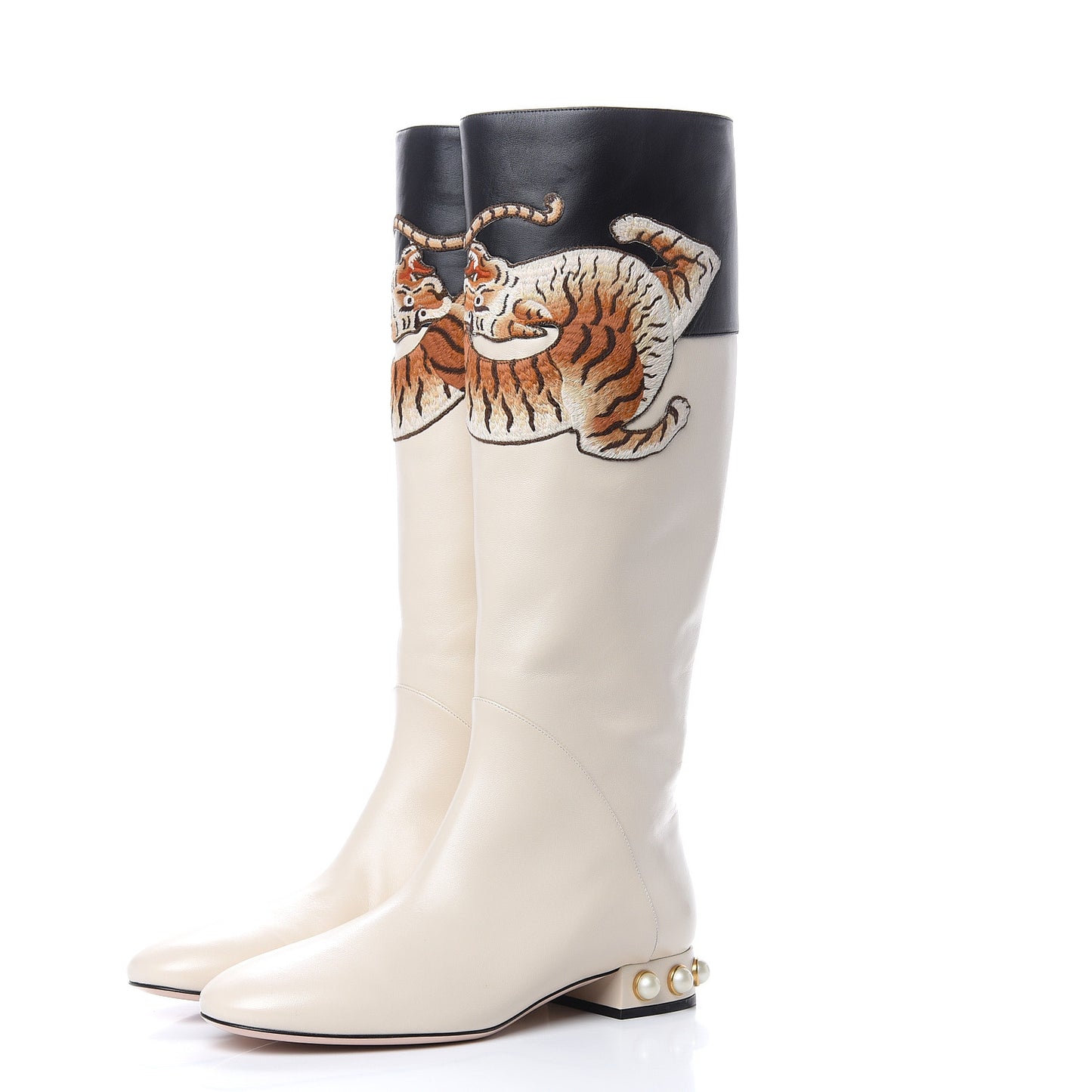 Nappa Pearl Tiger Embroidered Knee High Boots 39 Mystic White Black