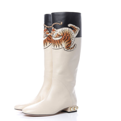Gucci Nappa Pearl Tiger Embroidered Knee High Boots 39 Mystic White Black 3 of 9
