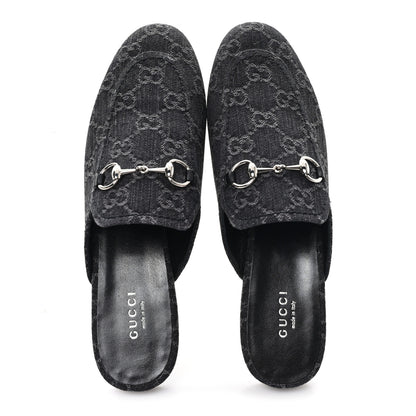Gucci New Denim GG Malaga Kid Womens Princetown Slippers 37.5 Grey Black 2 of 10