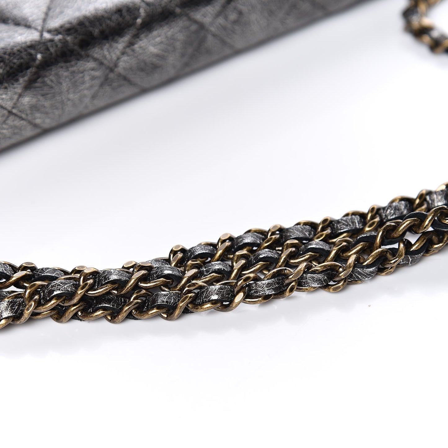 Cracked Metallic Calfskin Quilted Boy Wallet On Chain WOC Dark Silver