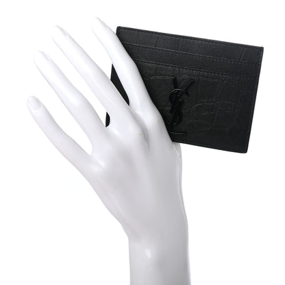 Saint Laurent Calfskin Crocodile Embossed Monogram Credit Card Case Black 2 of 7