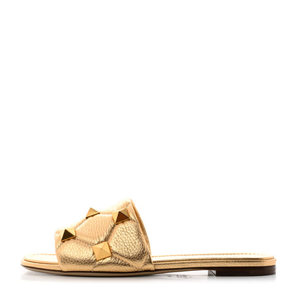 Valentino Garavani Metallic Pebbled Calfskin Roman Stud Flat Slide Sandals 39 Antique Brass 1 of 9
