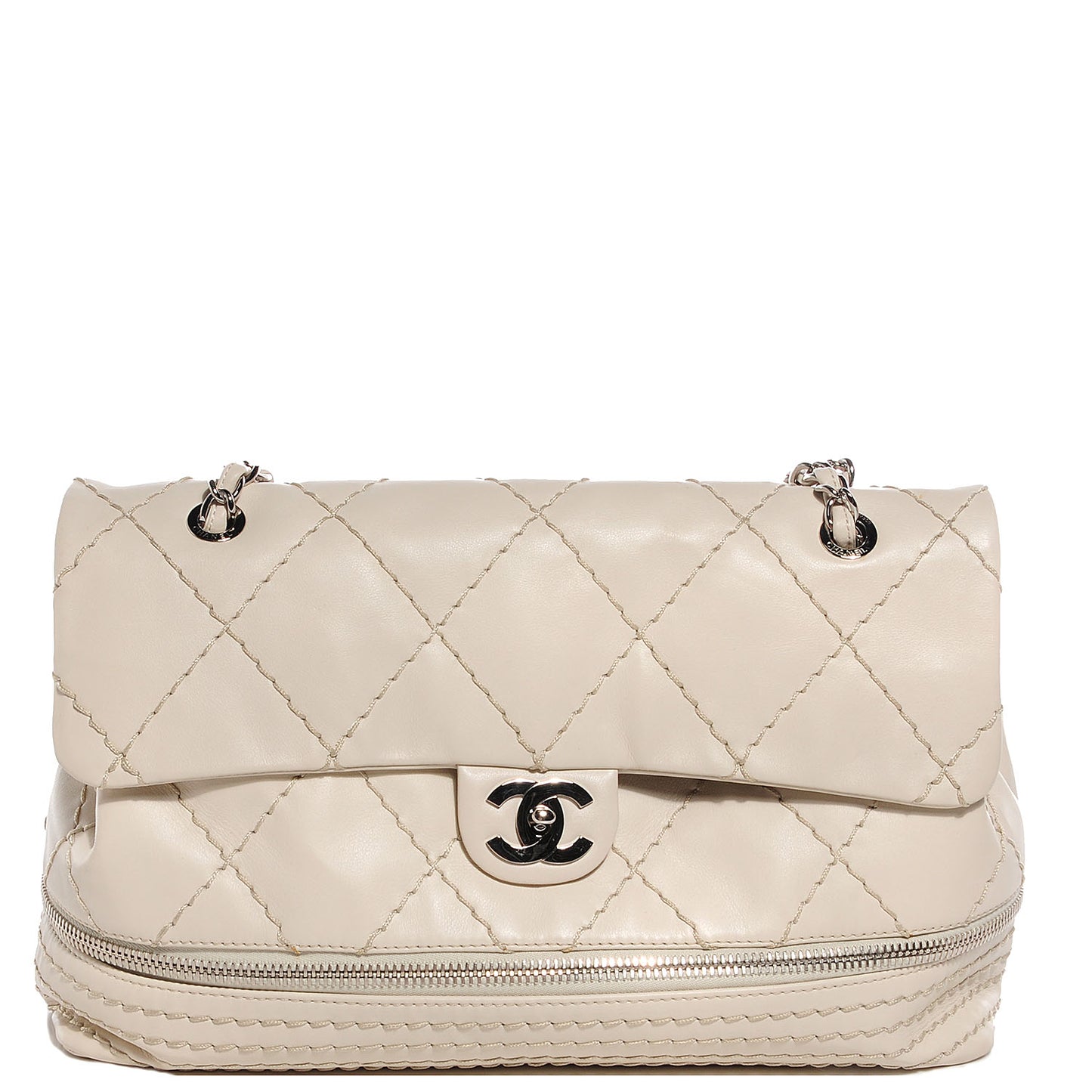 Calfskin Stitched Large Expandable Flap Bag White